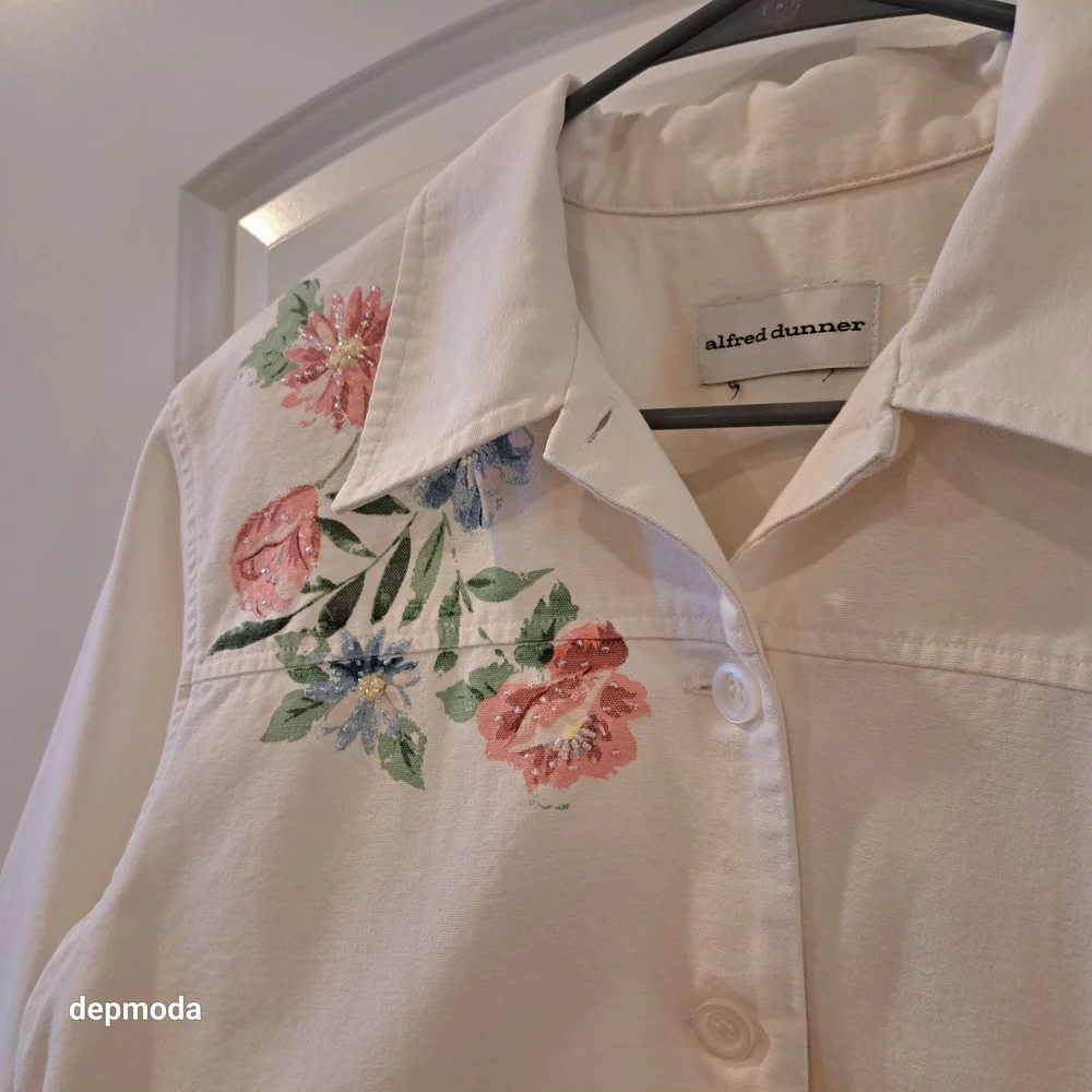 Alfred Dunner White Floral Jean Jacket Size 12